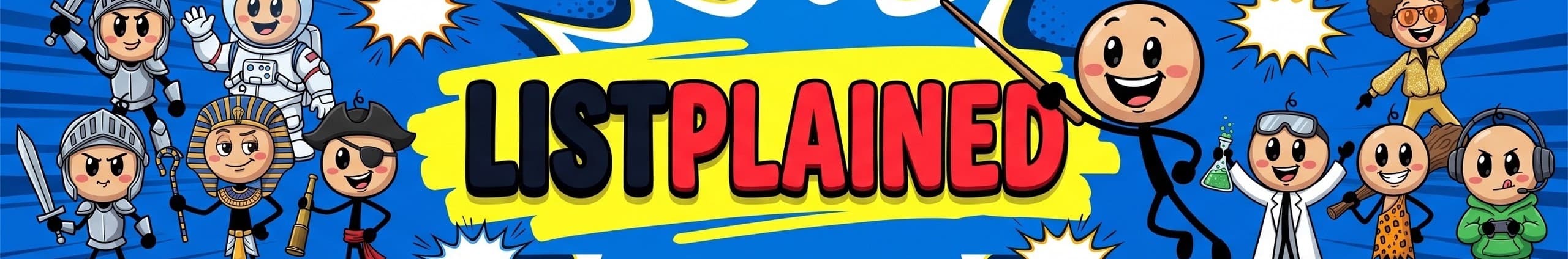 The Listplained logo surrounded by Curly in costumes: a knight, an astronaut, a pharaoh, a pirate, a scientist and more.